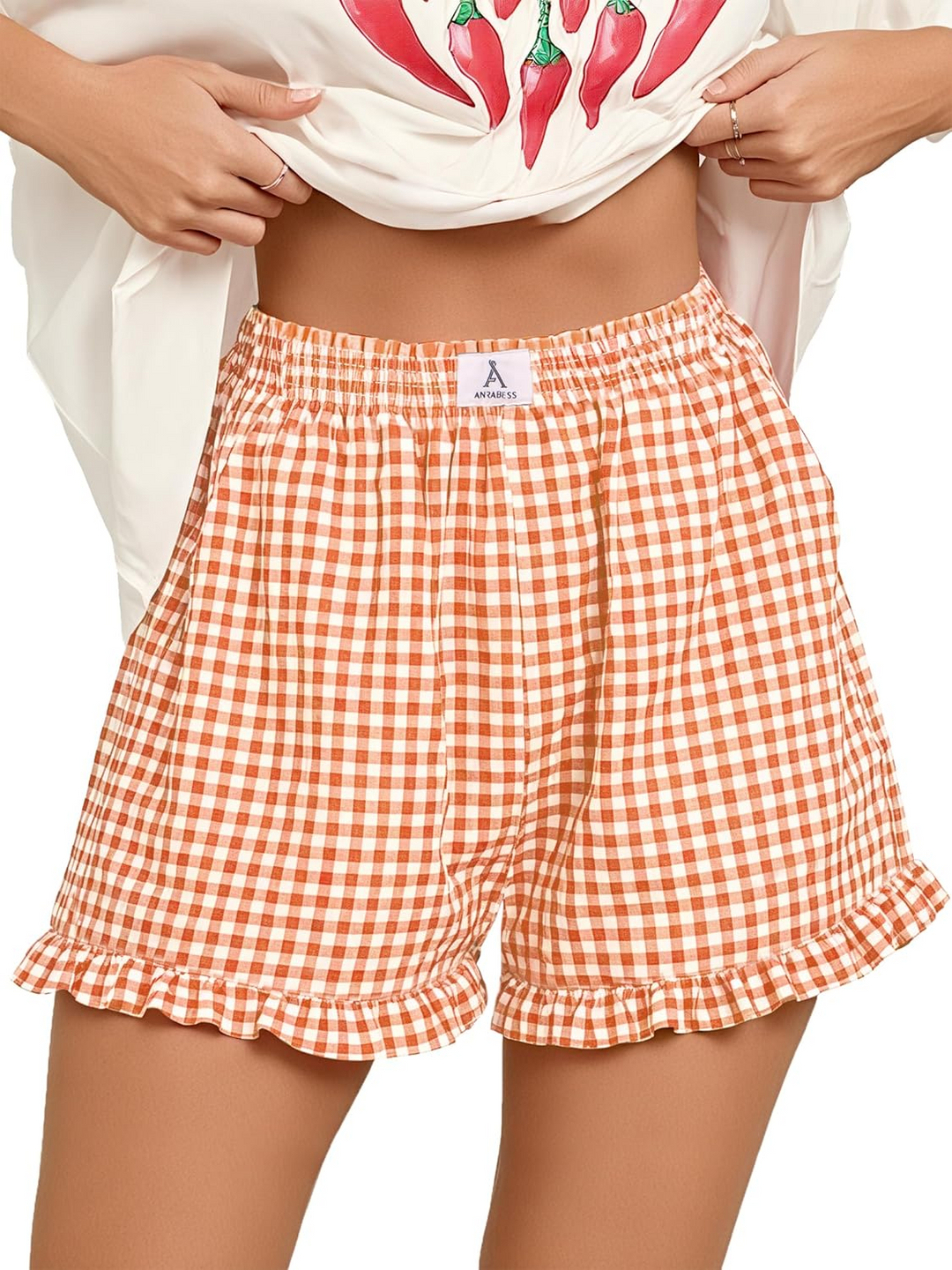 ANRABESS Women's Gingham Shorts - Ruffle Boxer Pajama Shorts with Pockets
