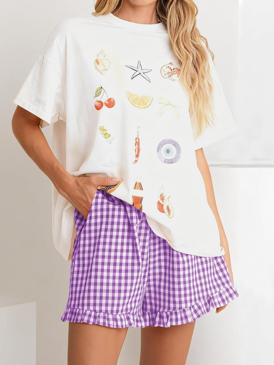 ANRABESS Women's Gingham Shorts - Ruffle Boxer Pajama Shorts with Pockets