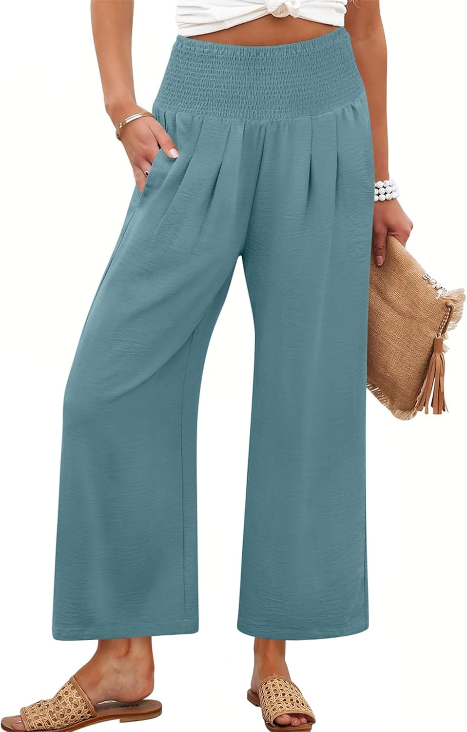 ANRABESS Women's Palazzo Pants - High Waisted Wide Leg with Pockets, Casual Flowy Trousers for Beach & Lounge