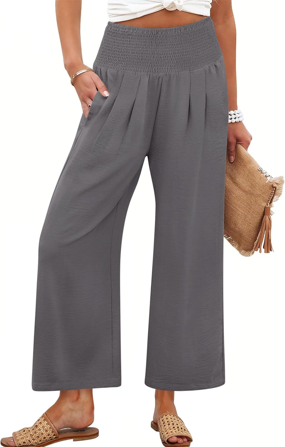 ANRABESS Women's Palazzo Pants - High Waisted Wide Leg with Pockets, Casual Flowy Trousers for Beach & Lounge
