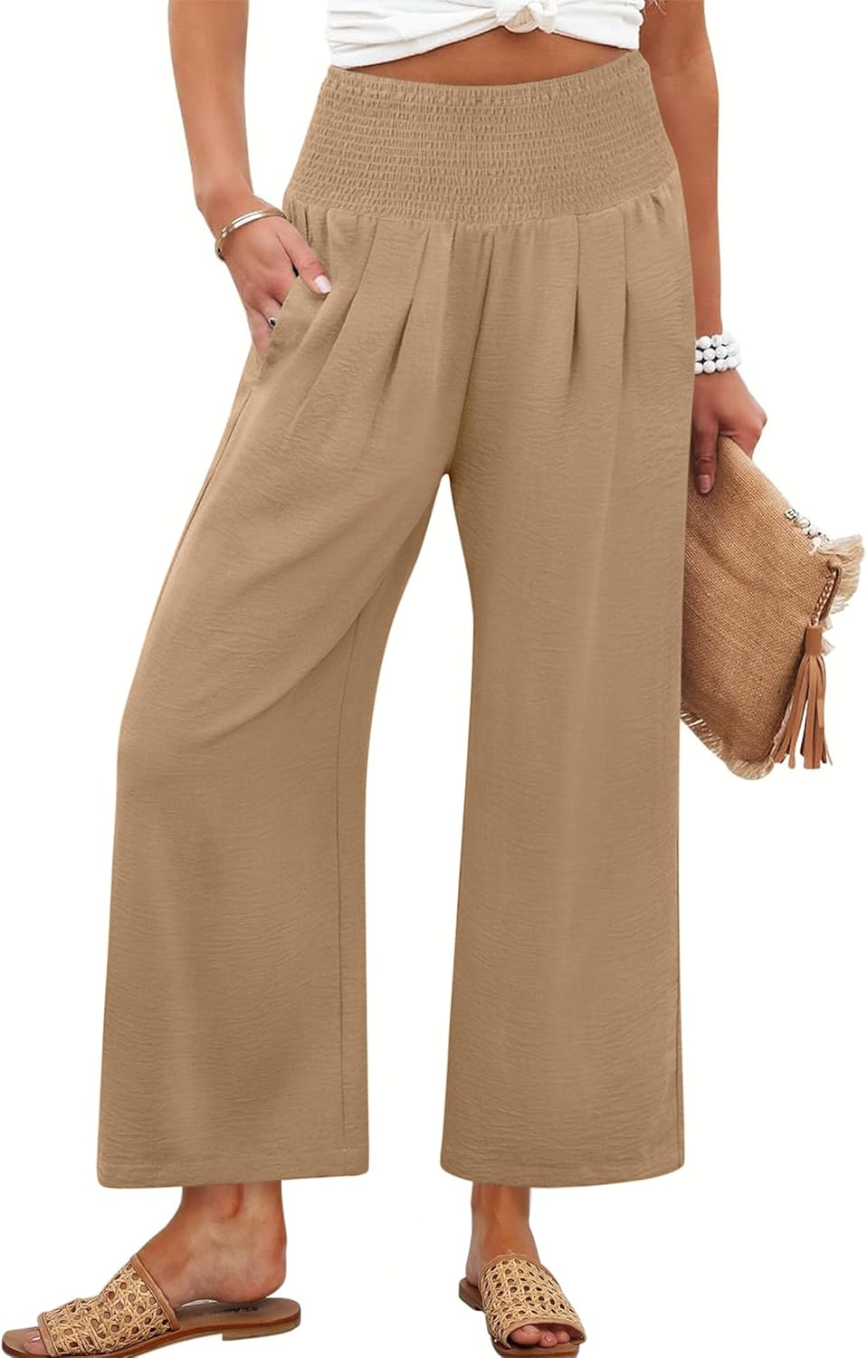 ANRABESS Women's Palazzo Pants - High Waisted Wide Leg with Pockets, Casual Flowy Trousers for Beach & Lounge
