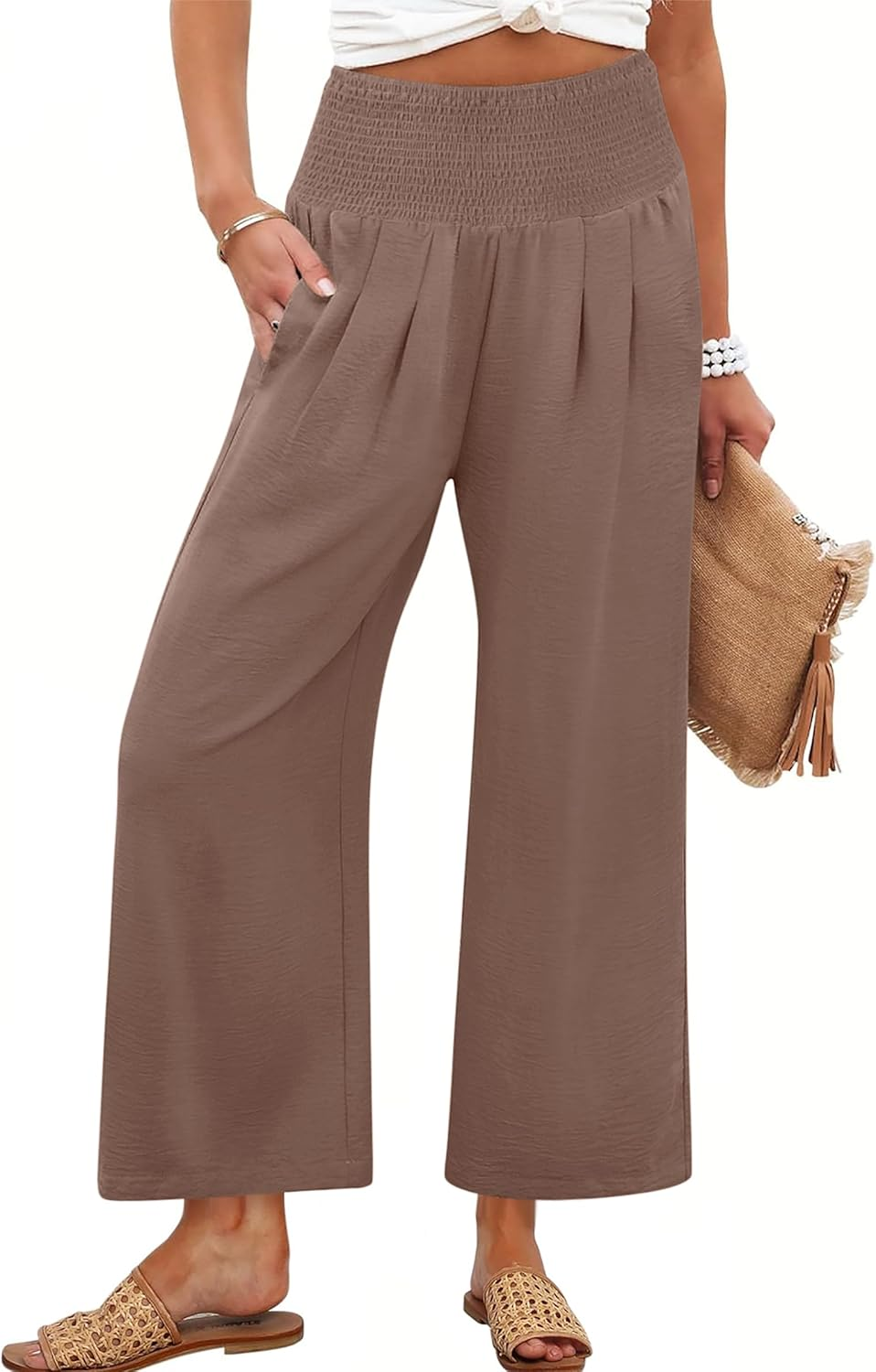 ANRABESS Women's Palazzo Pants - High Waisted Wide Leg with Pockets, Casual Flowy Trousers for Beach & Lounge