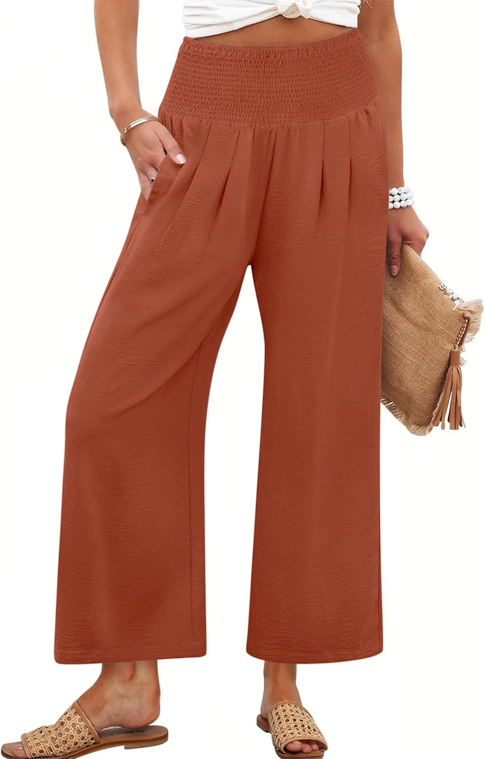 ANRABESS Women's Palazzo Pants - High Waisted Wide Leg with Pockets, Casual Flowy Trousers for Beach & Lounge