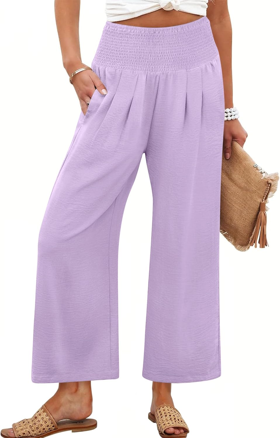 ANRABESS Women's Palazzo Pants - High Waisted Wide Leg with Pockets, Casual Flowy Trousers for Beach & Lounge