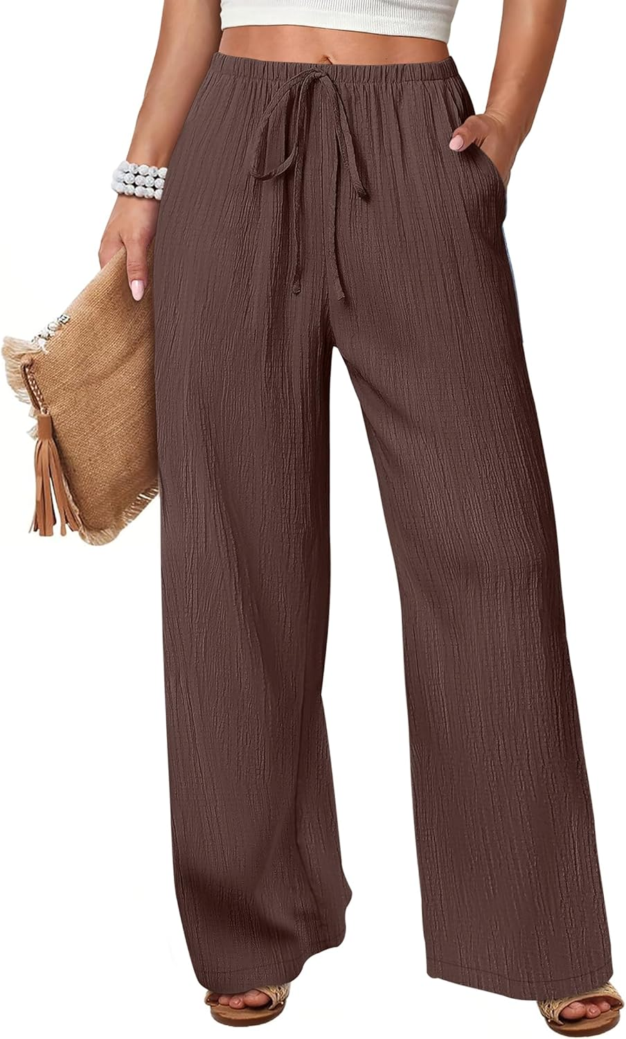 ANRABESS Women's Wide Leg Pants - Elastic Waist Palazzo with Pockets, Lightweight Flowy Trousers for Beach & Lounge