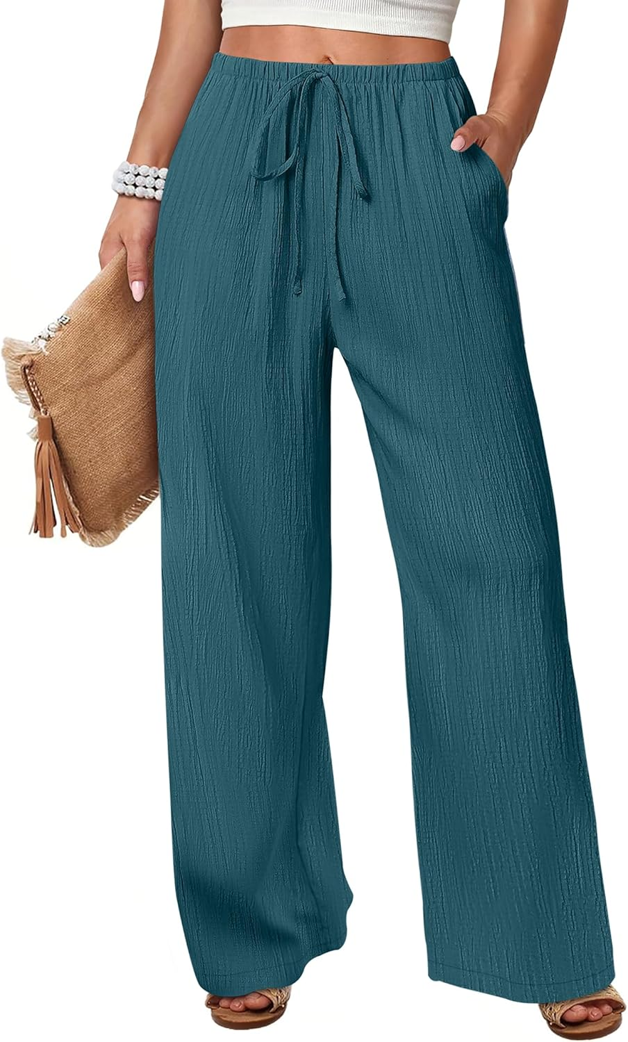 ANRABESS Women's Wide Leg Pants - Elastic Waist Palazzo with Pockets, Lightweight Flowy Trousers for Beach & Lounge