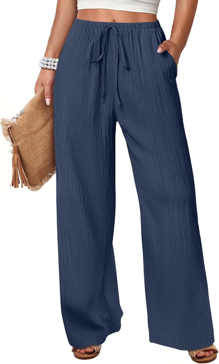 ANRABESS Women's Wide Leg Pants - Elastic Waist Palazzo with Pockets, Lightweight Flowy Trousers for Beach & Lounge