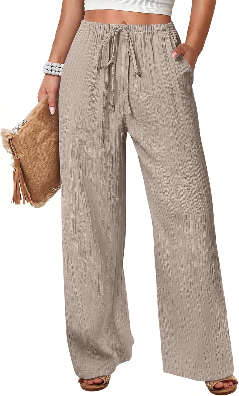 ANRABESS Women's Wide Leg Pants - Elastic Waist Palazzo with Pockets, Lightweight Flowy Trousers for Beach & Lounge