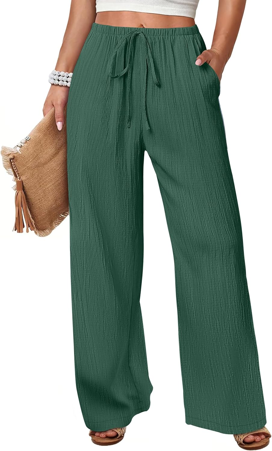 ANRABESS Women's Wide Leg Pants - Elastic Waist Palazzo with Pockets, Lightweight Flowy Trousers for Beach & Lounge