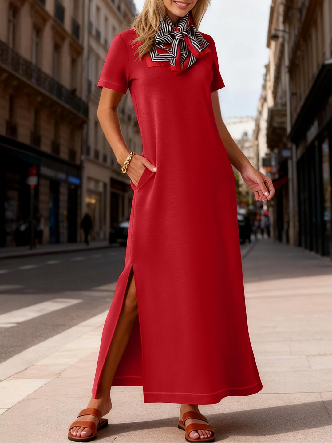 ANRABESS Women's Maxi Dress - Short Sleeve Crewneck with Split, Wrinkle-Free Long Sundress for Beach & Travel