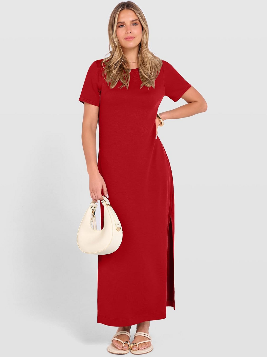 ANRABESS Women's Maxi Dress - Short Sleeve Crewneck with Split, Wrinkle-Free Long Sundress for Beach & Travel