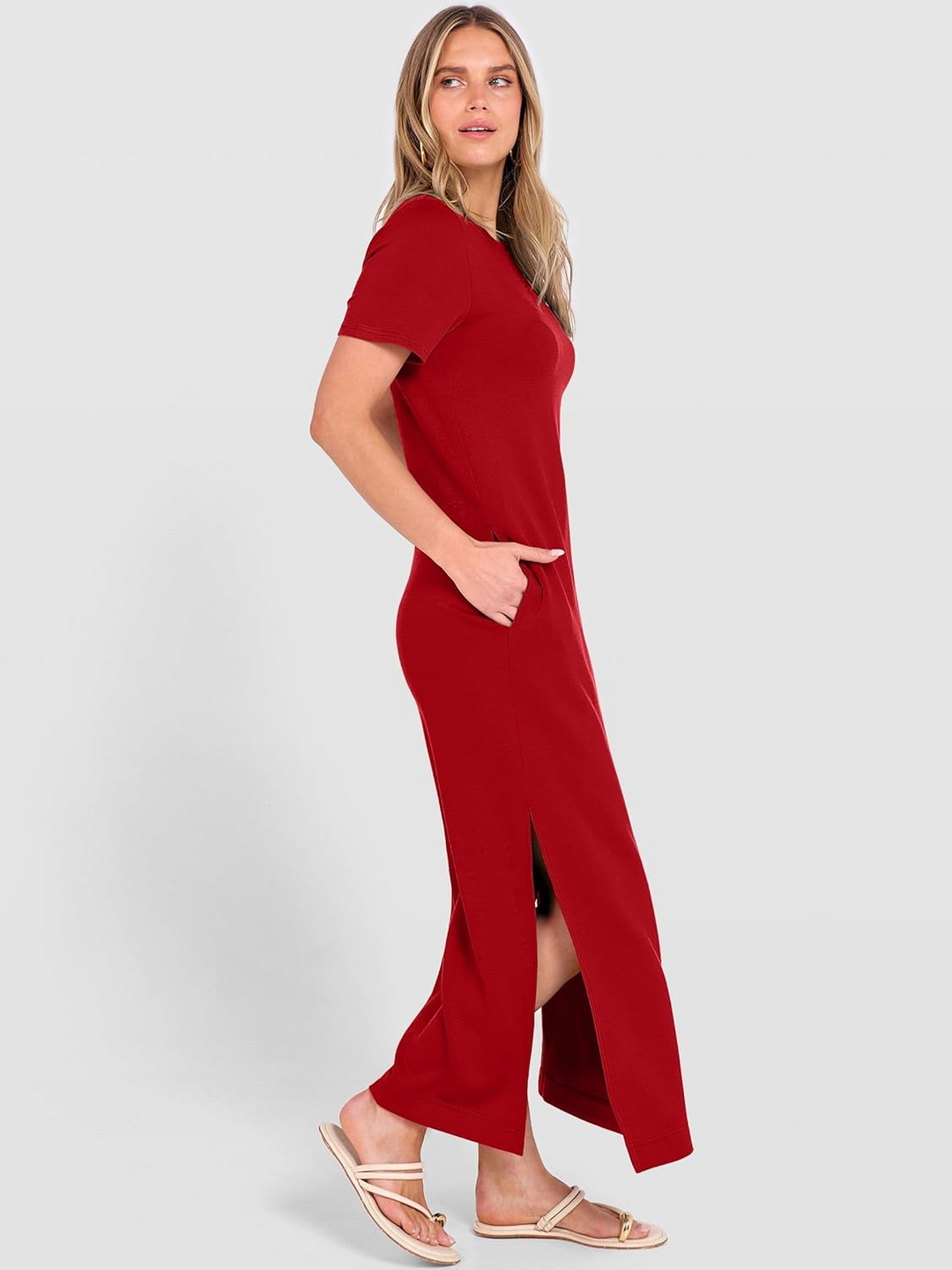 ANRABESS Women's Maxi Dress - Short Sleeve Crewneck with Split, Wrinkle-Free Long Sundress for Beach & Travel