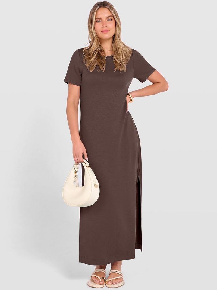 ANRABESS Women's Maxi Dress - Short Sleeve Crewneck with Split, Wrinkle-Free Long Sundress for Beach & Travel