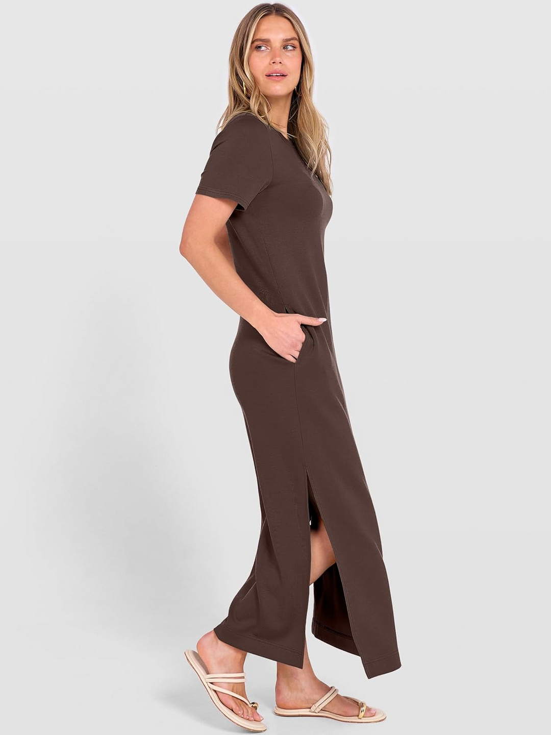 ANRABESS Women's Maxi Dress - Short Sleeve Crewneck with Split, Wrinkle-Free Long Sundress for Beach & Travel