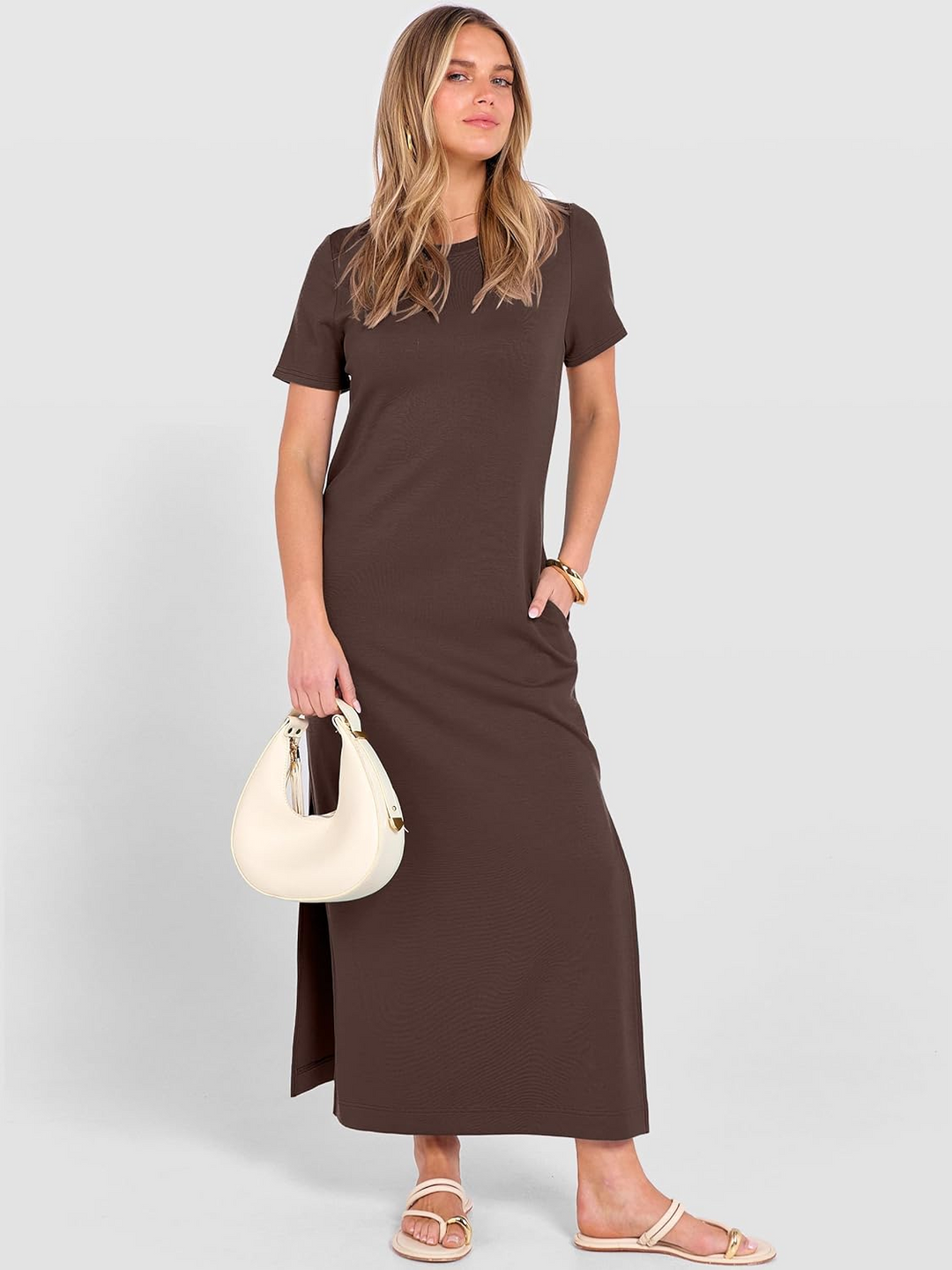 ANRABESS Women's Maxi Dress - Short Sleeve Crewneck with Split, Wrinkle-Free Long Sundress for Beach & Travel
