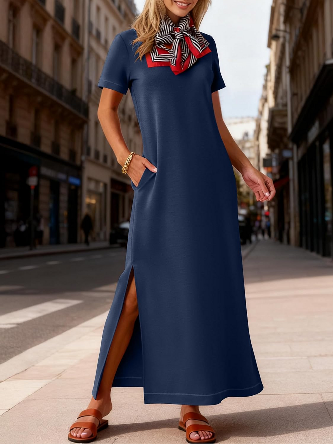 ANRABESS Women's Maxi Dress - Short Sleeve Crewneck with Split, Wrinkle-Free Long Sundress for Beach & Travel