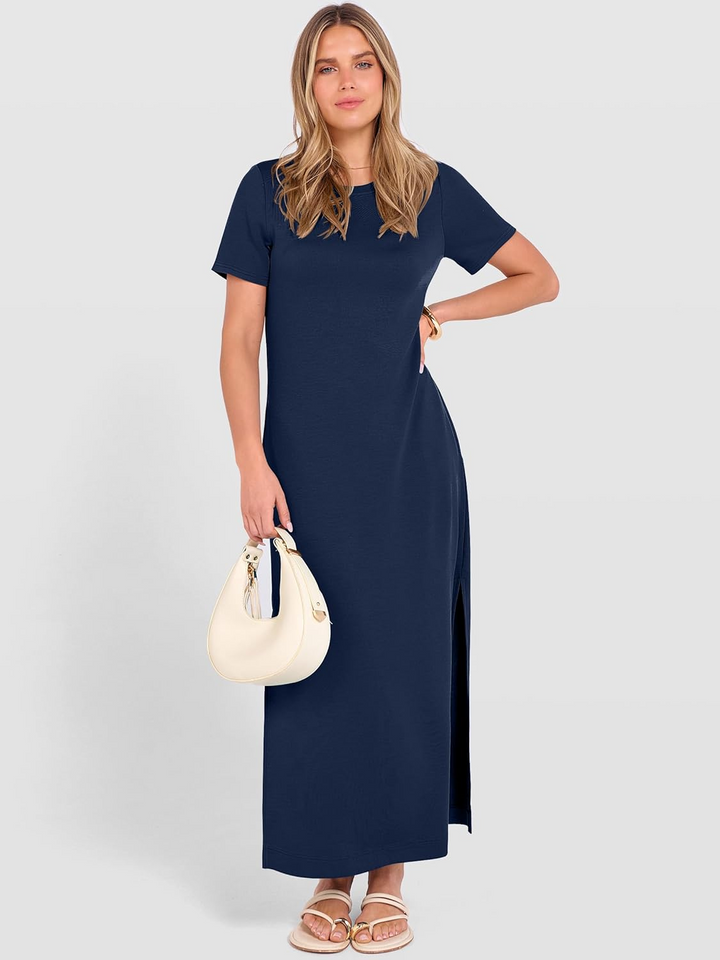 ANRABESS Women's Maxi Dress - Short Sleeve Crewneck with Split, Wrinkle-Free Long Sundress for Beach & Travel