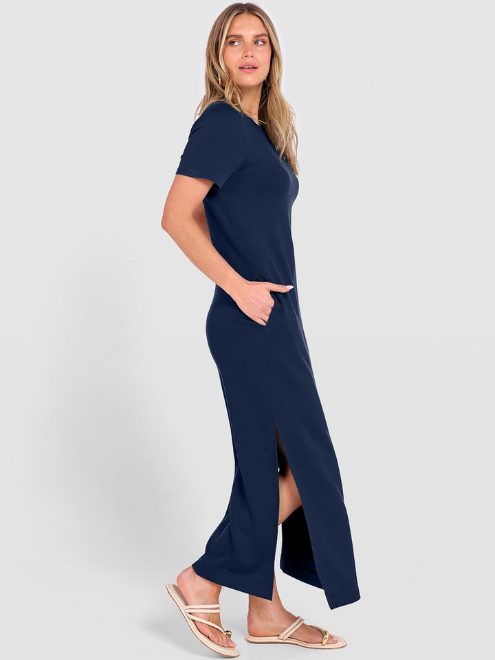 ANRABESS Women's Maxi Dress - Short Sleeve Crewneck with Split, Wrinkle-Free Long Sundress for Beach & Travel