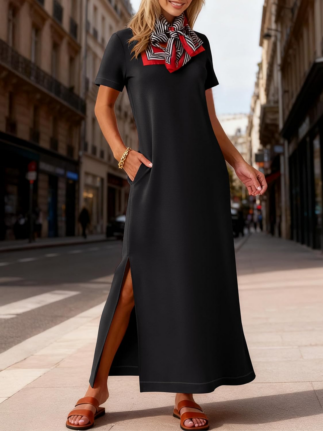 ANRABESS Women's Maxi Dress - Short Sleeve Crewneck with Split, Wrinkle-Free Long Sundress for Beach & Travel