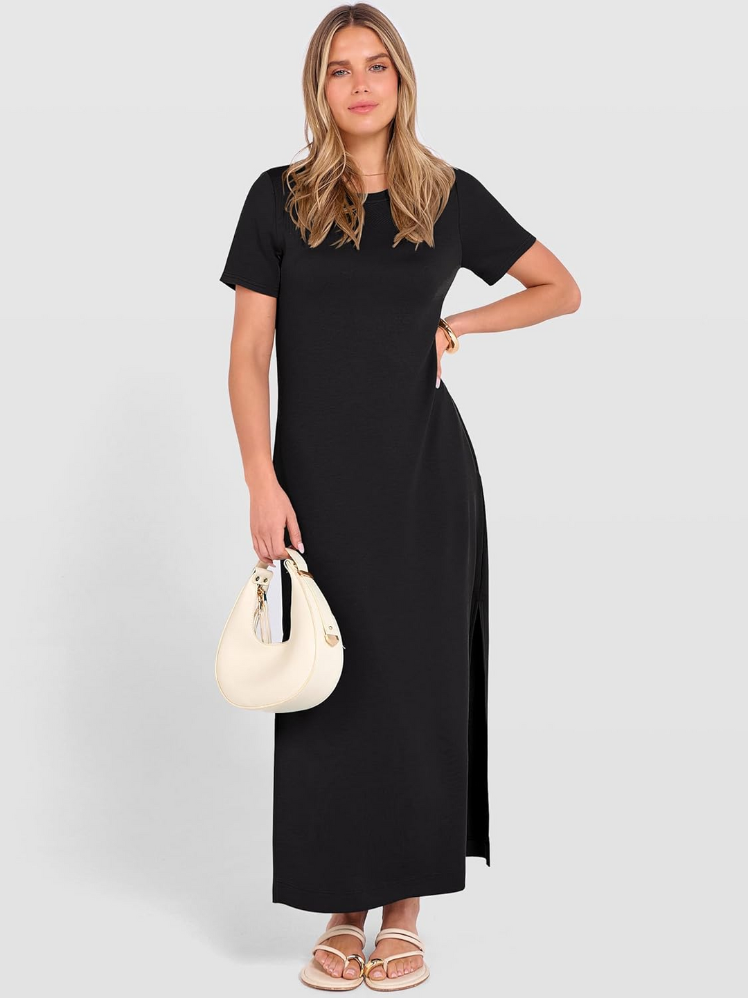 ANRABESS Women's Maxi Dress - Short Sleeve Crewneck with Split, Wrinkle-Free Long Sundress for Beach & Travel