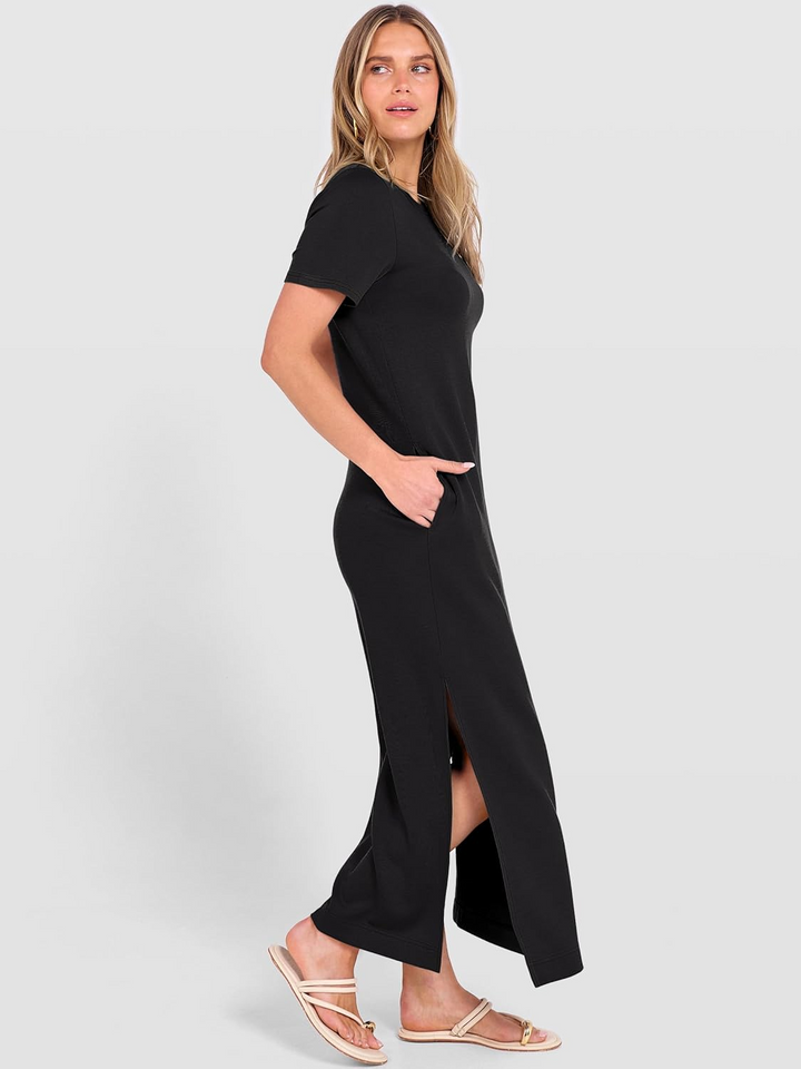 ANRABESS Women's Maxi Dress - Short Sleeve Crewneck with Split, Wrinkle-Free Long Sundress for Beach & Travel