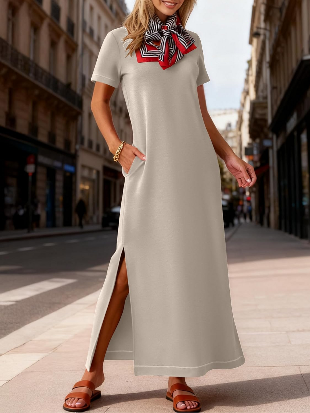 ANRABESS Women's Maxi Dress - Short Sleeve Crewneck with Split, Wrinkle-Free Long Sundress for Beach & Travel