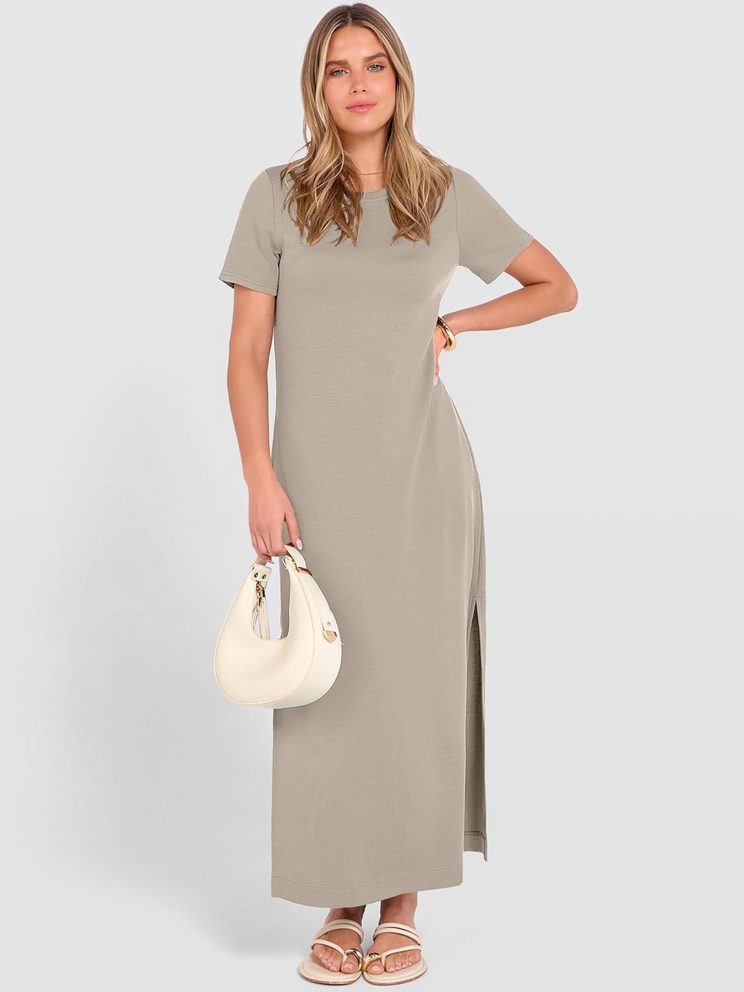 ANRABESS Women's Maxi Dress - Short Sleeve Crewneck with Split, Wrinkle-Free Long Sundress for Beach & Travel