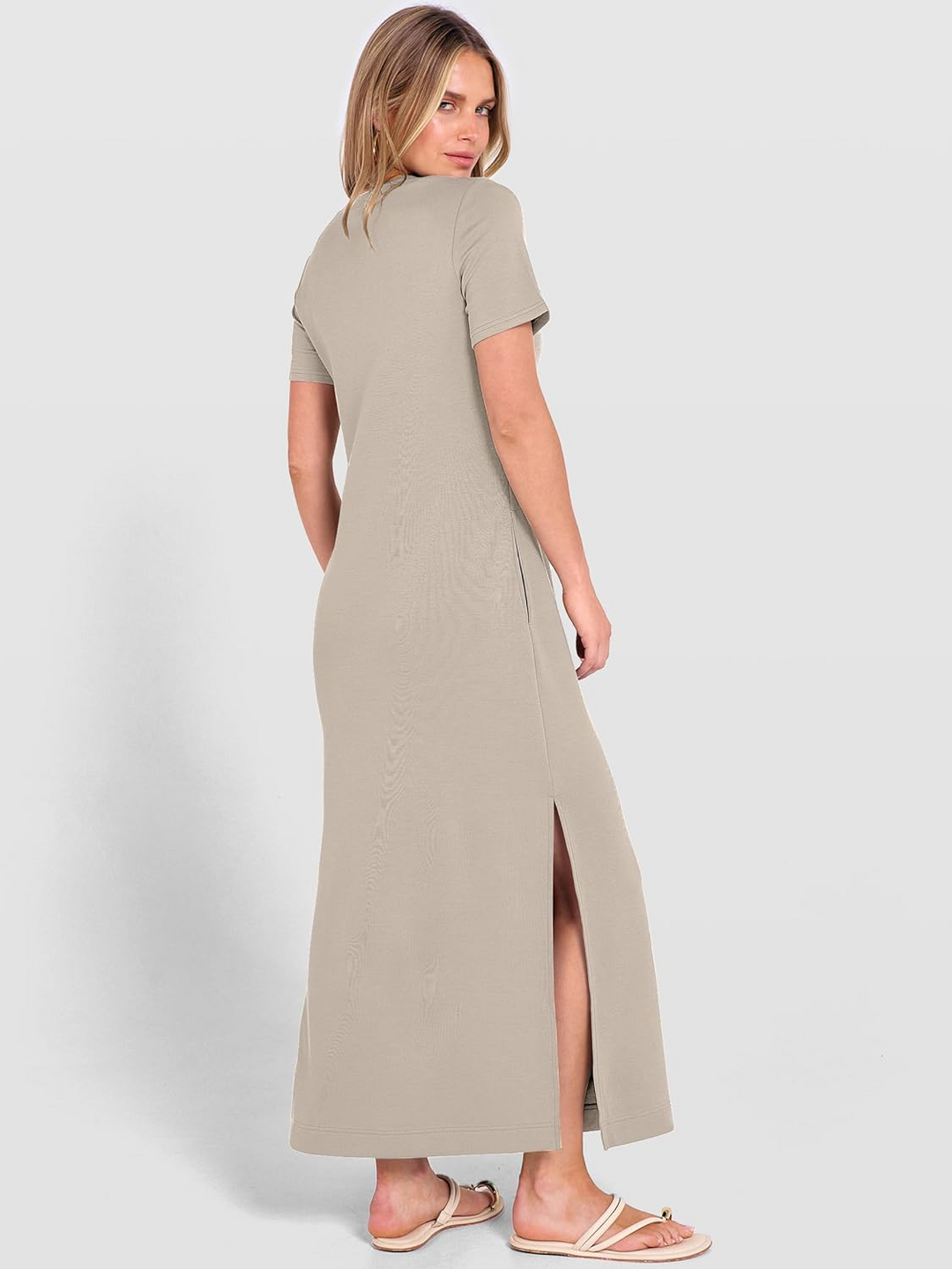 ANRABESS Women's Maxi Dress - Short Sleeve Crewneck with Split, Wrinkle-Free Long Sundress for Beach & Travel