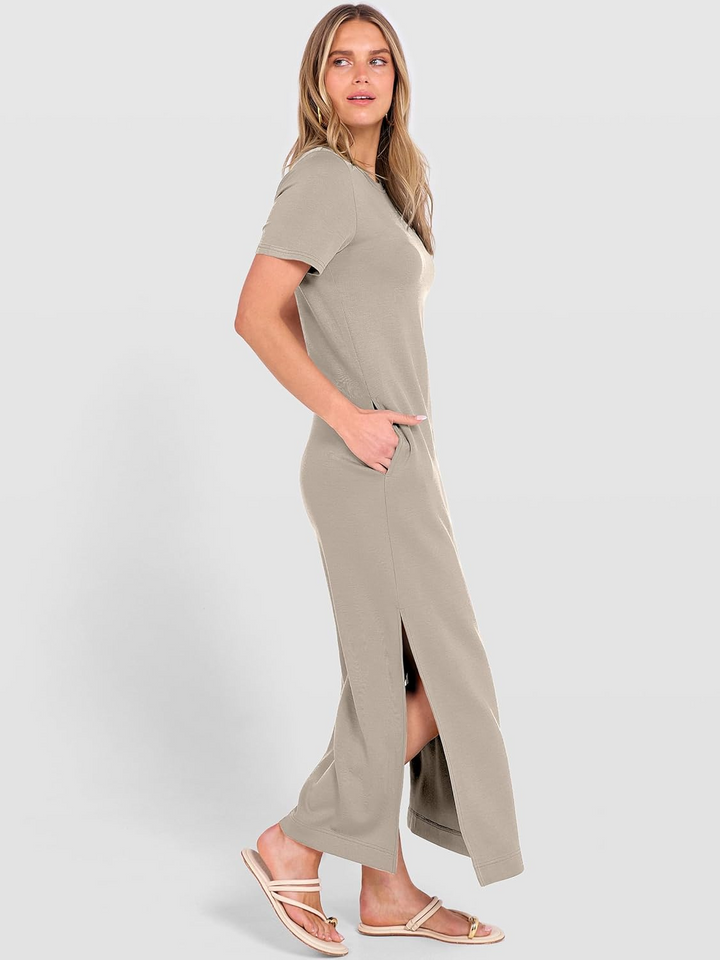 ANRABESS Women's Maxi Dress - Short Sleeve Crewneck with Split, Wrinkle-Free Long Sundress for Beach & Travel