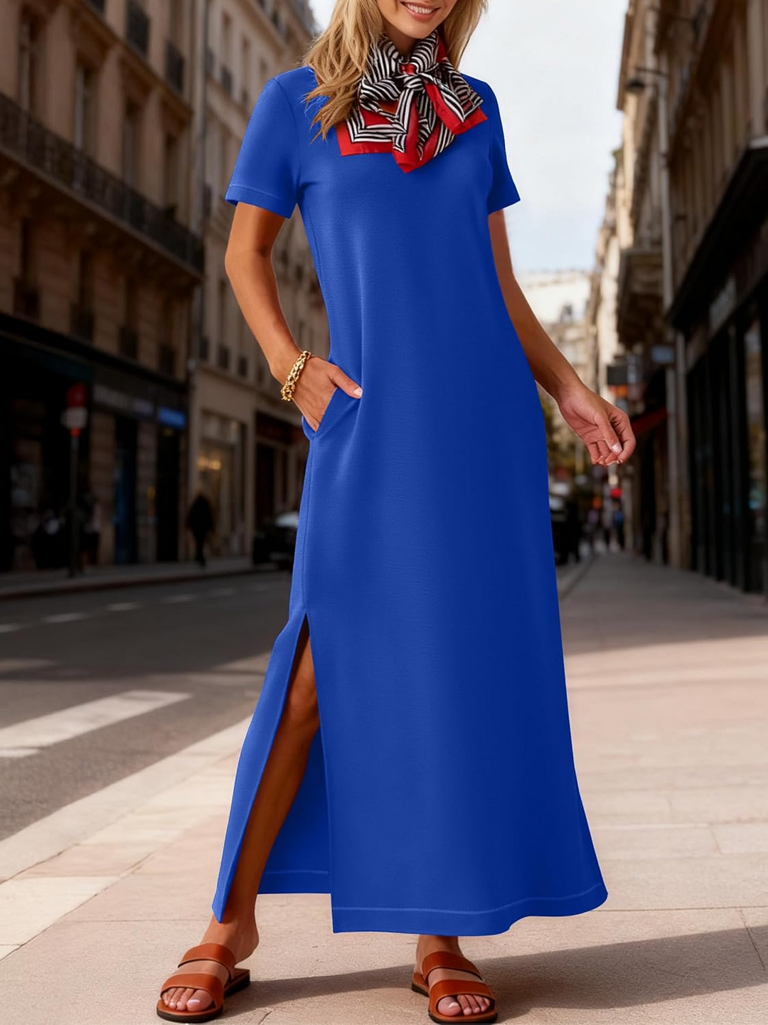 ANRABESS Women's Maxi Dress - Short Sleeve Crewneck with Split, Wrinkle-Free Long Sundress for Beach & Travel