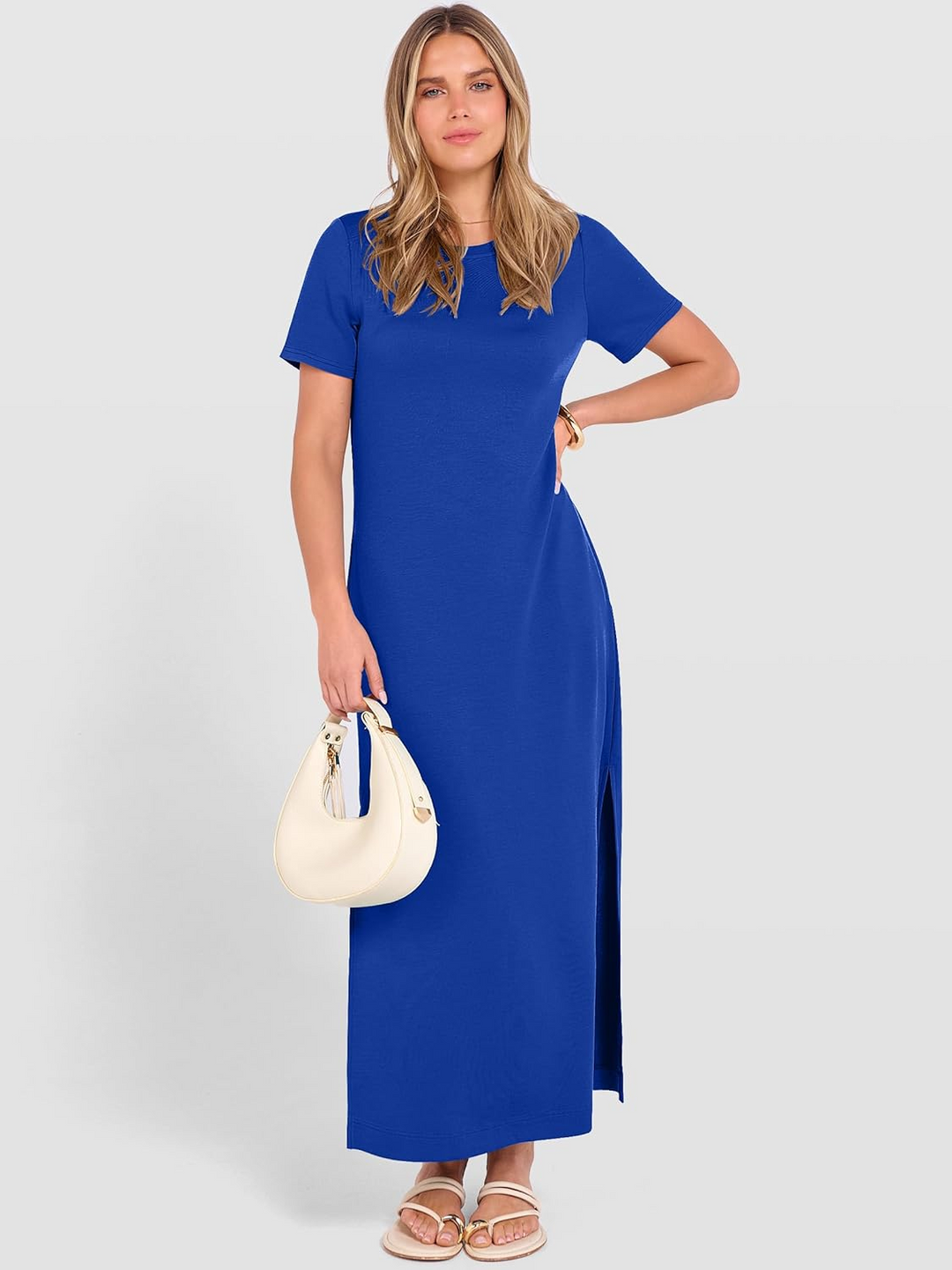 ANRABESS Women's Maxi Dress - Short Sleeve Crewneck with Split, Wrinkle-Free Long Sundress for Beach & Travel