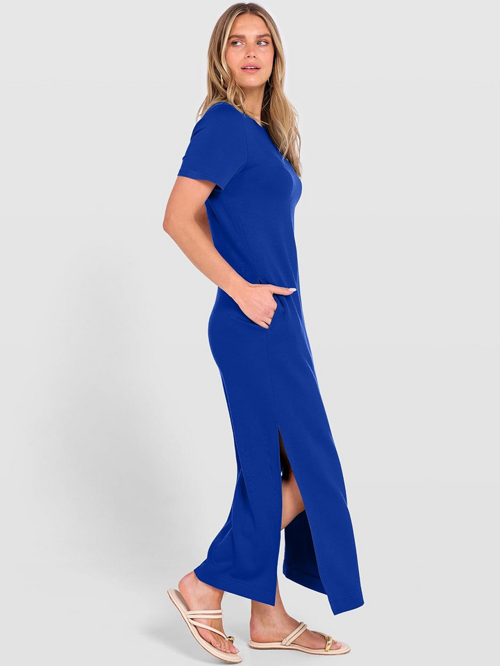 ANRABESS Women's Maxi Dress - Short Sleeve Crewneck with Split, Wrinkle-Free Long Sundress for Beach & Travel