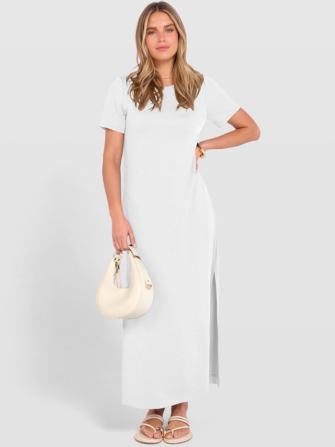 ANRABESS Women's Maxi Dress - Short Sleeve Crewneck with Split, Wrinkle-Free Long Sundress for Beach & Travel