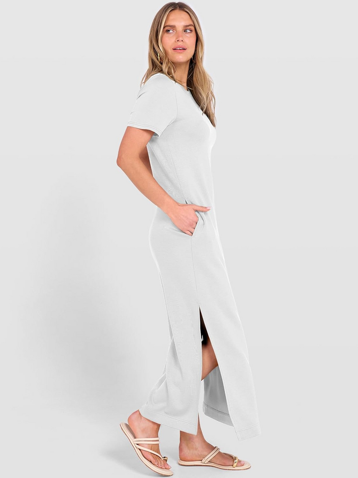 ANRABESS Women's Maxi Dress - Short Sleeve Crewneck with Split, Wrinkle-Free Long Sundress for Beach & Travel