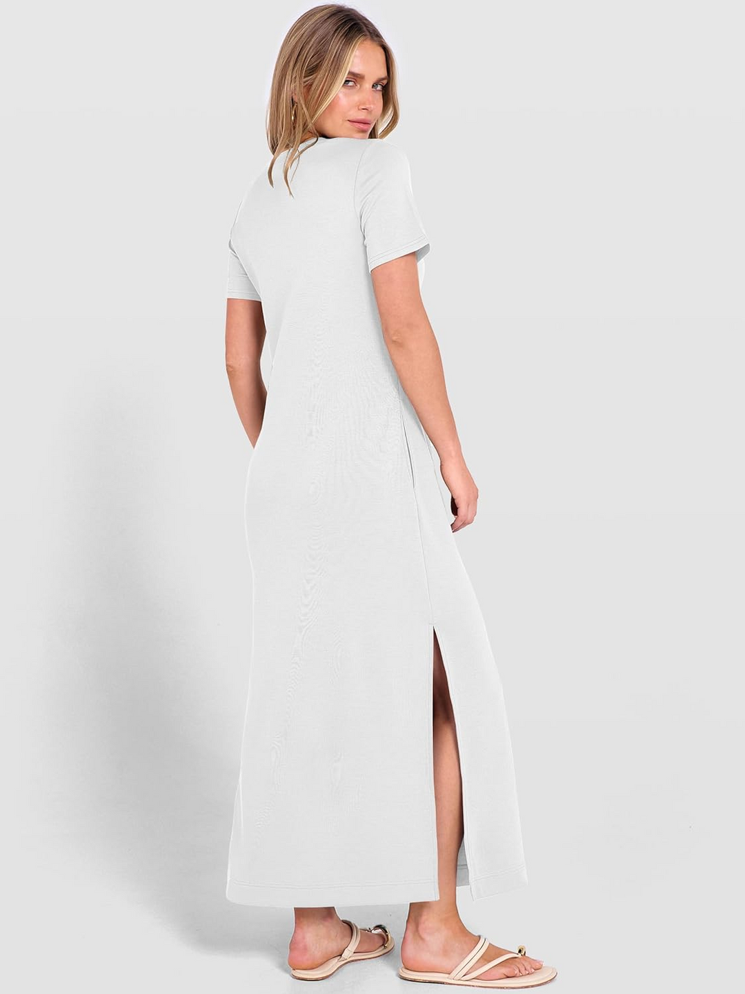 ANRABESS Women's Maxi Dress - Short Sleeve Crewneck with Split, Wrinkle-Free Long Sundress for Beach & Travel