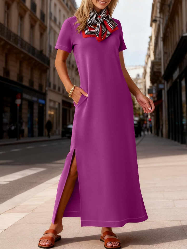 ANRABESS Women's Maxi Dress - Short Sleeve Crewneck with Split, Wrinkle-Free Long Sundress for Beach & Travel