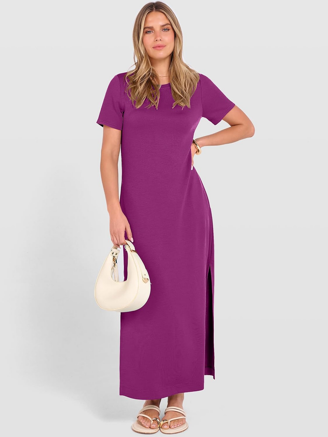 ANRABESS Women's Maxi Dress - Short Sleeve Crewneck with Split, Wrinkle-Free Long Sundress for Beach & Travel