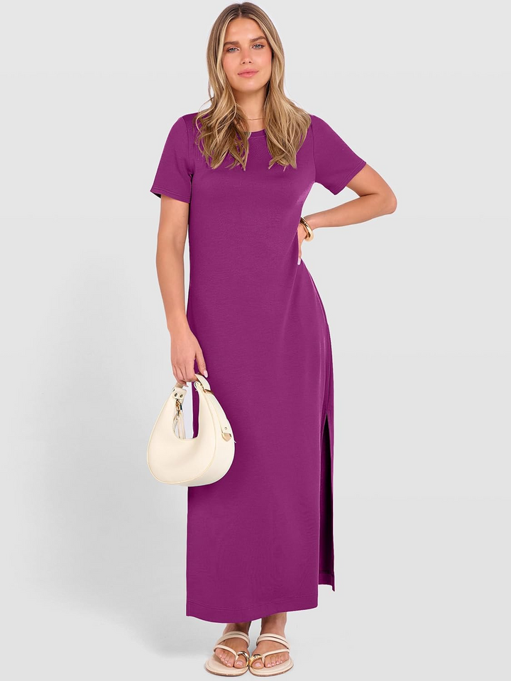 ANRABESS Women's Maxi Dress - Short Sleeve Crewneck with Split, Wrinkle-Free Long Sundress for Beach & Travel