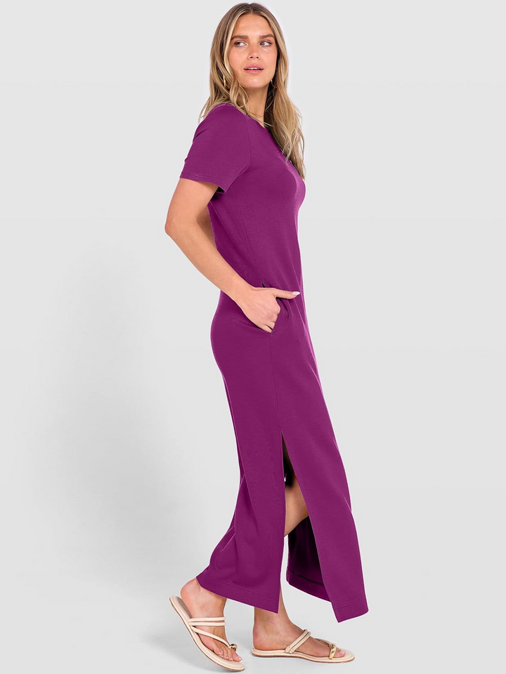 ANRABESS Women's Maxi Dress - Short Sleeve Crewneck with Split, Wrinkle-Free Long Sundress for Beach & Travel