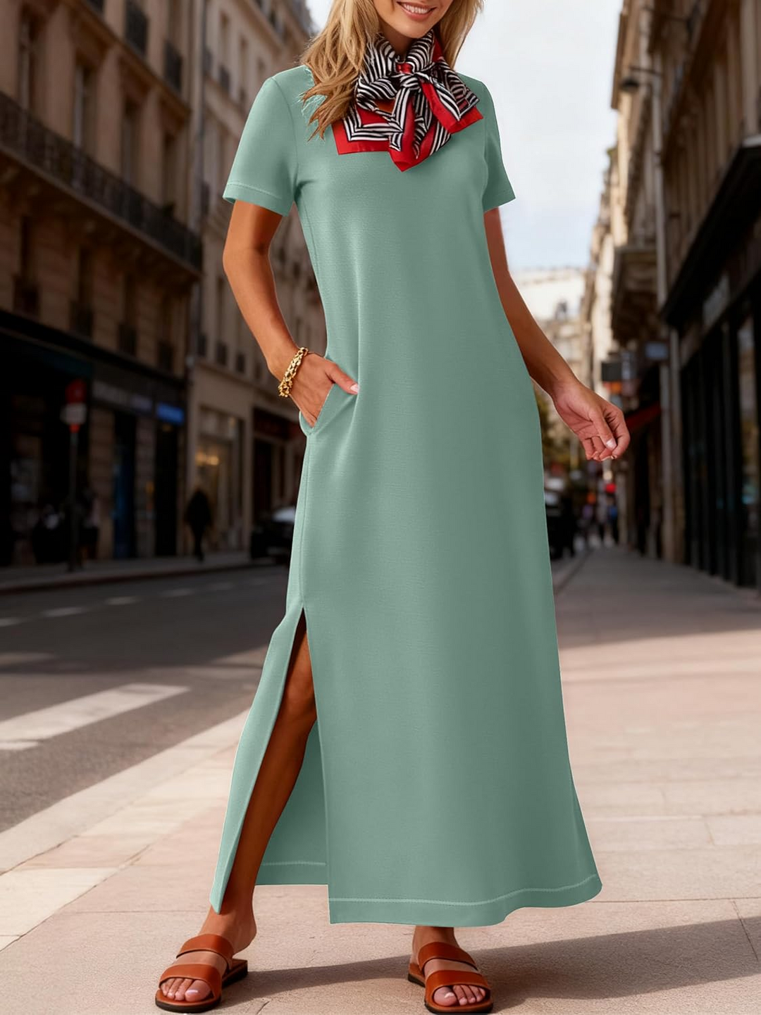 ANRABESS Women's Maxi Dress - Short Sleeve Crewneck with Split, Wrinkle-Free Long Sundress for Beach & Travel