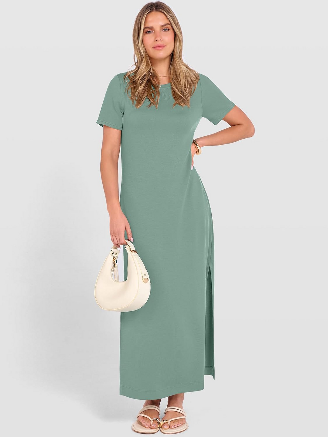 ANRABESS Women's Maxi Dress - Short Sleeve Crewneck with Split, Wrinkle-Free Long Sundress for Beach & Travel