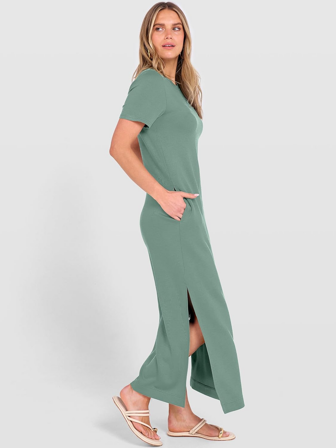 ANRABESS Women's Maxi Dress - Short Sleeve Crewneck with Split, Wrinkle-Free Long Sundress for Beach & Travel