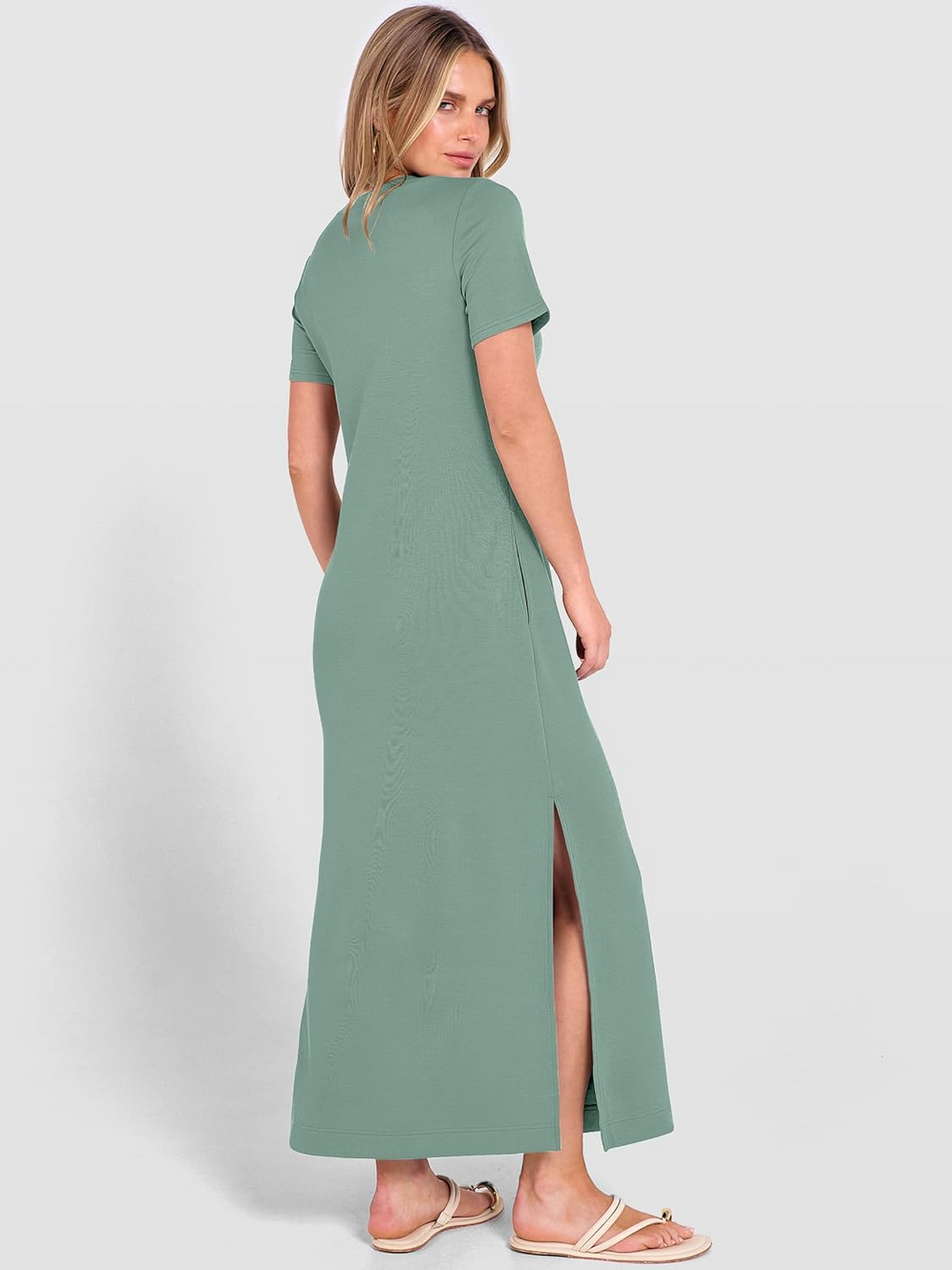 ANRABESS Women's Maxi Dress - Short Sleeve Crewneck with Split, Wrinkle-Free Long Sundress for Beach & Travel