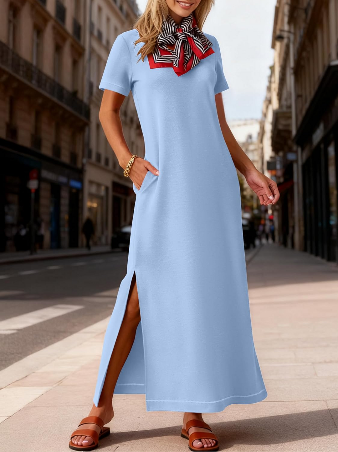 ANRABESS Women's Maxi Dress - Short Sleeve Crewneck with Split, Wrinkle-Free Long Sundress for Beach & Travel