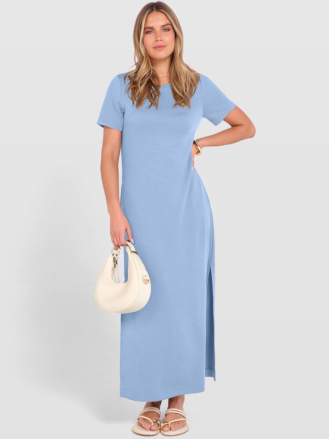 ANRABESS Women's Maxi Dress - Short Sleeve Crewneck with Split, Wrinkle-Free Long Sundress for Beach & Travel