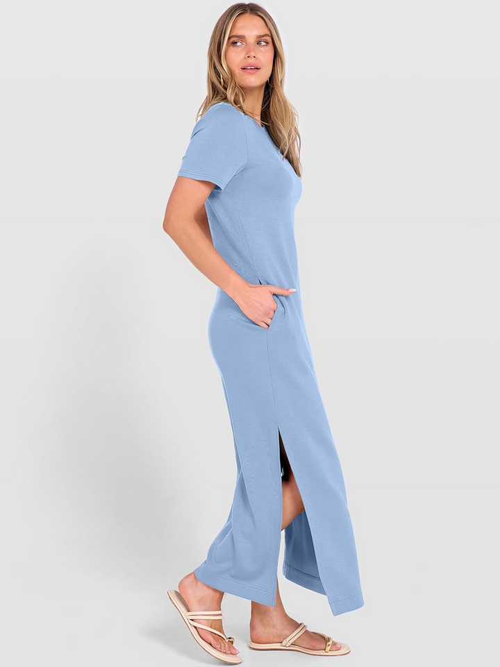ANRABESS Women's Maxi Dress - Short Sleeve Crewneck with Split, Wrinkle-Free Long Sundress for Beach & Travel