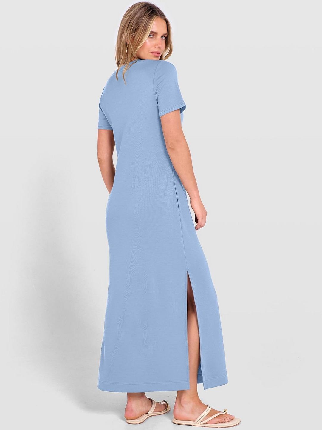 ANRABESS Women's Maxi Dress - Short Sleeve Crewneck with Split, Wrinkle-Free Long Sundress for Beach & Travel