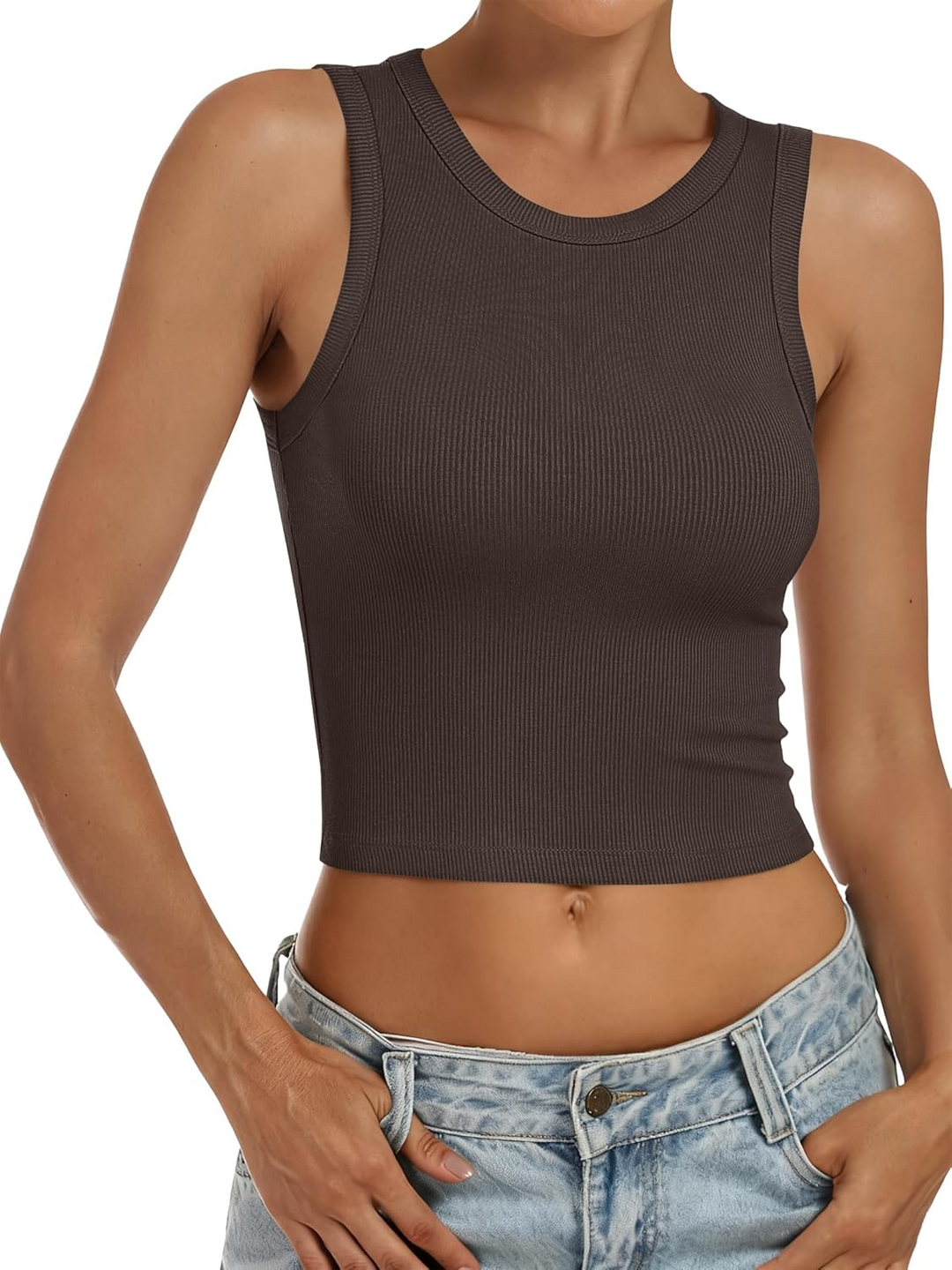 ANRABESS Women's High Neck Ribbed Crop Tank