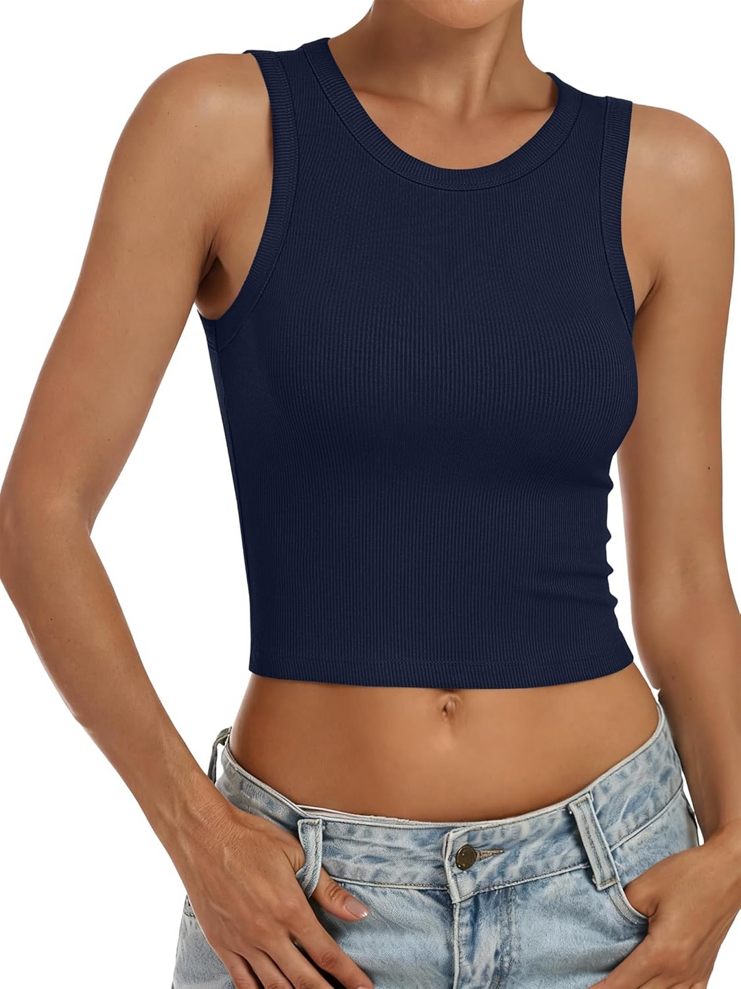 ANRABESS Women's High Neck Ribbed Crop Tank