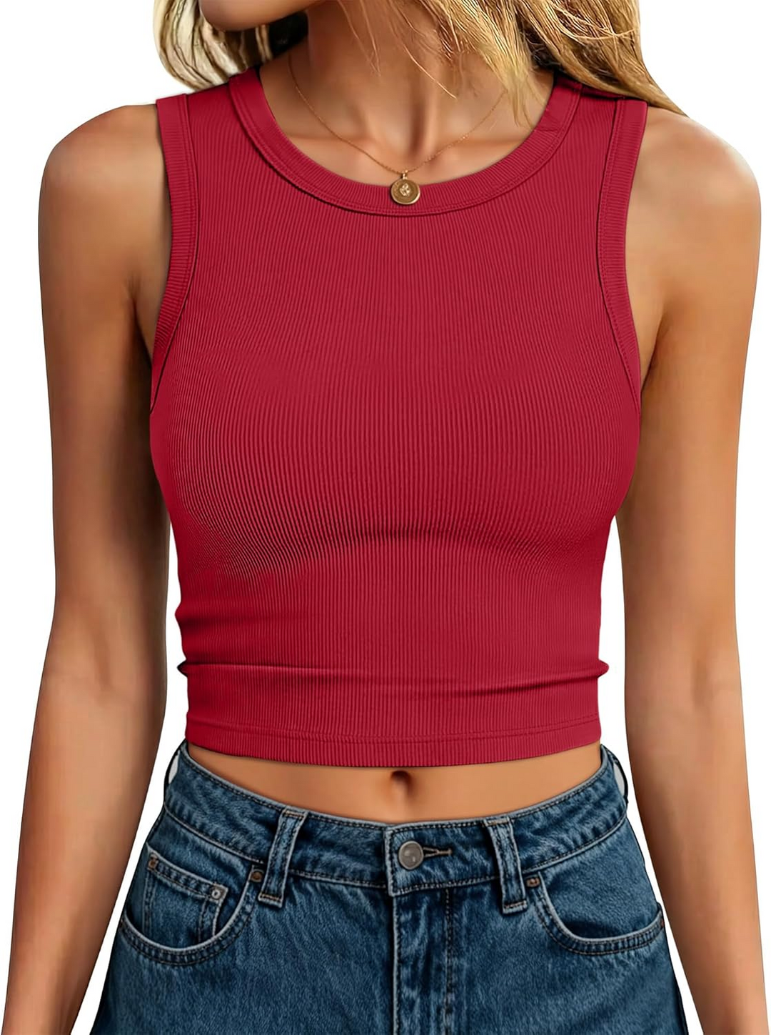 ANRABESS Women's High Neck Ribbed Crop Tank